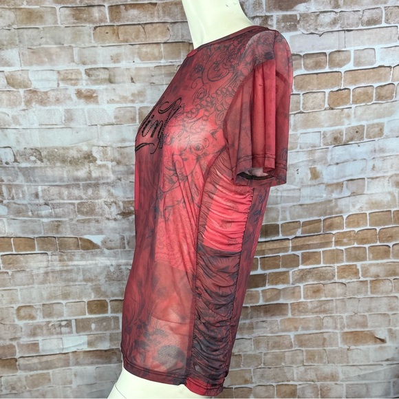 Sinful By Affliction Sheer Short Sleeve T-Shirt - Red / Black - Large / XL -NWT - Picture 6 of 9
